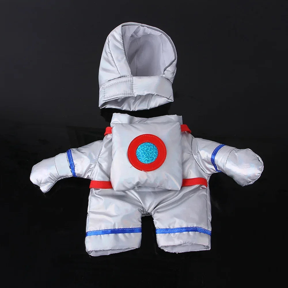 Silver astronaut pet costume with red and blue details for small dogs and cats