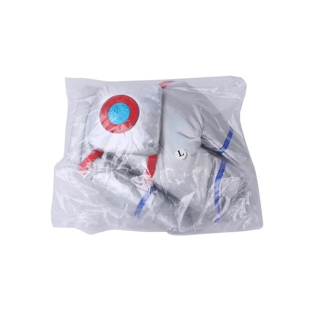 Packaged astronaut pet costume in silver with red and blue accents for fashionable pets