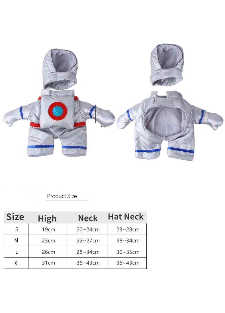 Astronaut pet costume for dogs featuring adjustable straps and vibrant details in silver