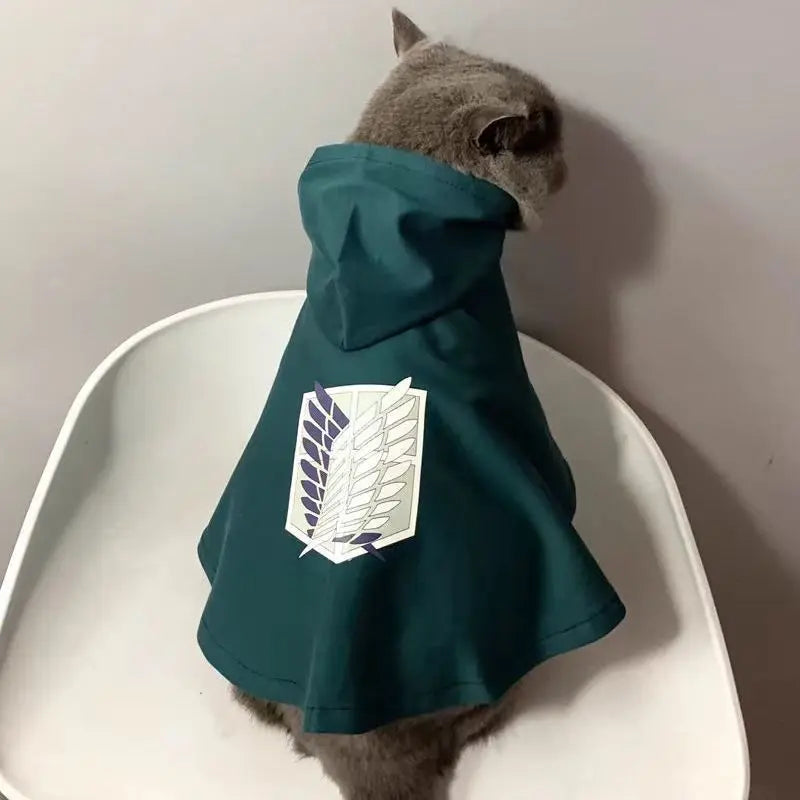 Attack on Titan pet cosplay costume featuring a hood and logo for furry fans of the series