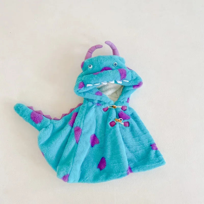 Cute baby monster onesie Halloween costume in blue with purple spots and horned hood