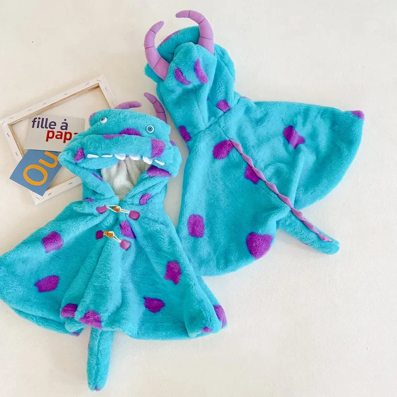 Adorable baby monster onesie Halloween costume in blue with purple spots and horned hood