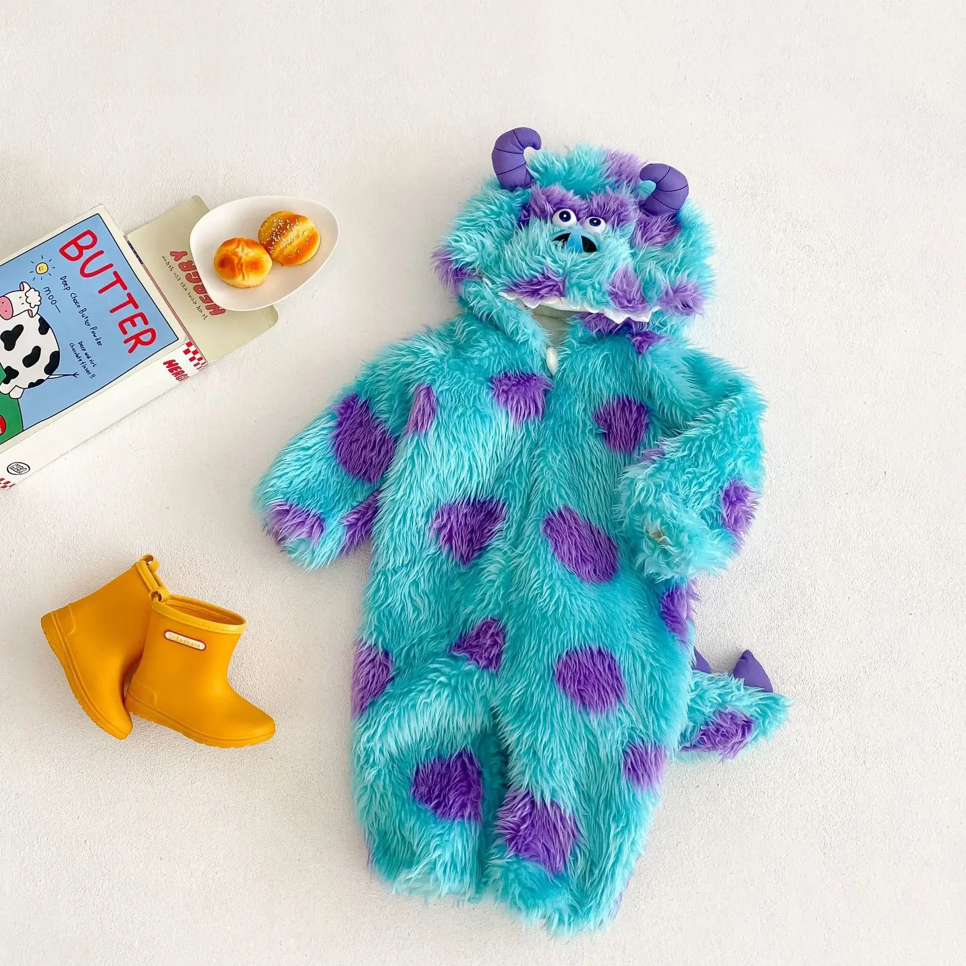 Cute baby monster onesie Halloween costume in blue and purple with hood and tail