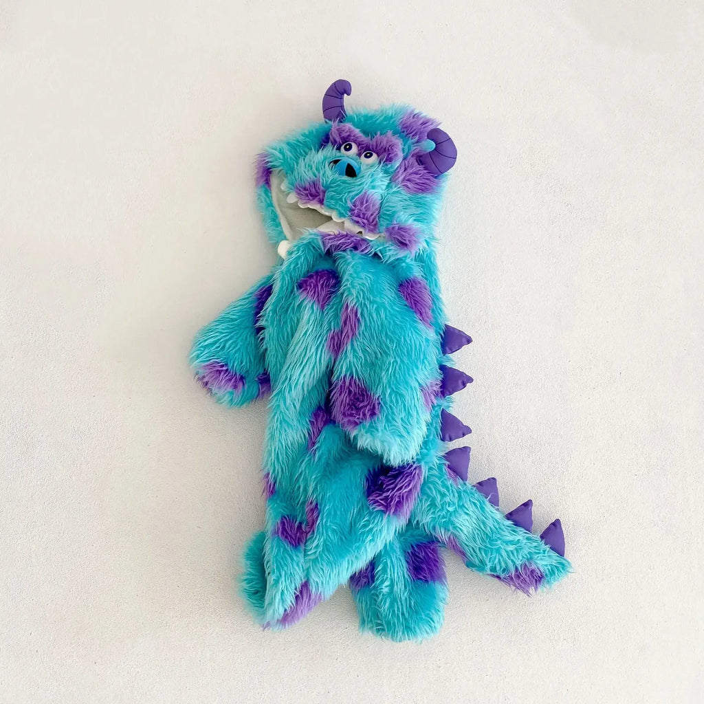 Soft Baby Monster Onesie Halloween Costume in Turquoise and Purple with Hood and Spikes
