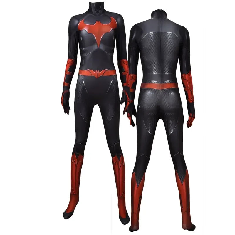 Batgirl bodysuit for adults and kids featuring a sleek design with red and black detailing