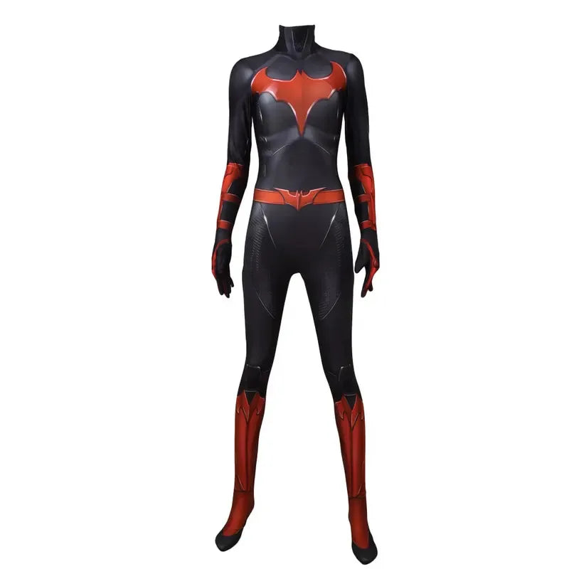 Batgirl bodysuit for adults and kids in black and red design, perfect for Halloween costumes