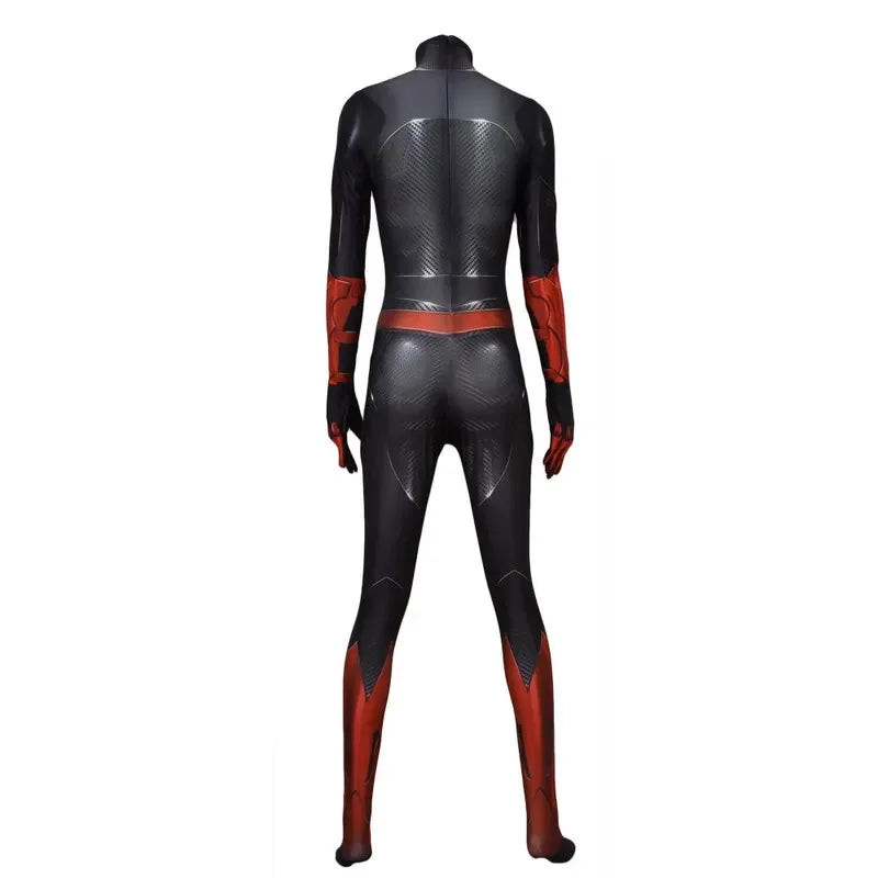 Back view of a Batgirl bodysuit for adults and kids featuring a sleek design and vibrant colors