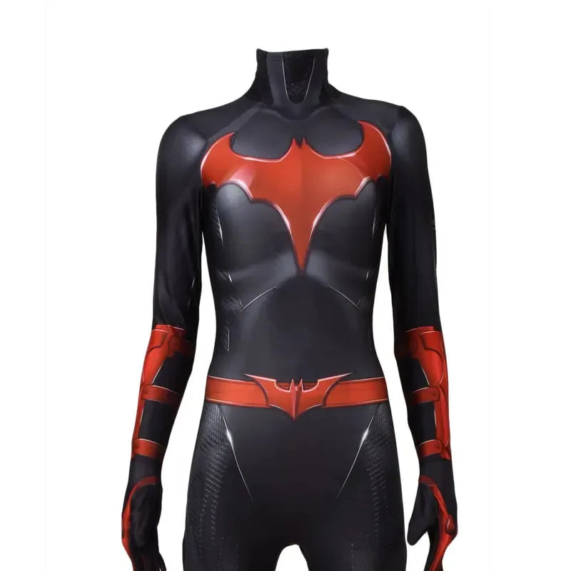 Zoomies & Co Batgirl bodysuit for adults and kids featuring a sleek black design with red accents