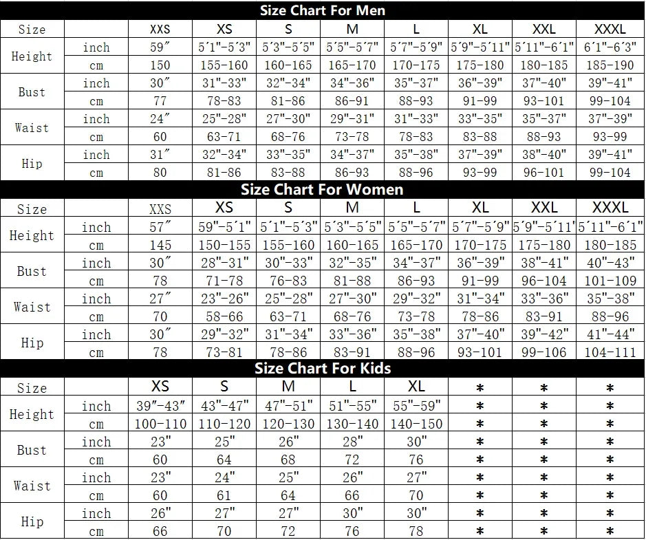Size chart for Batgirl bodysuit for adults and kids showing measurements for men, women, and children