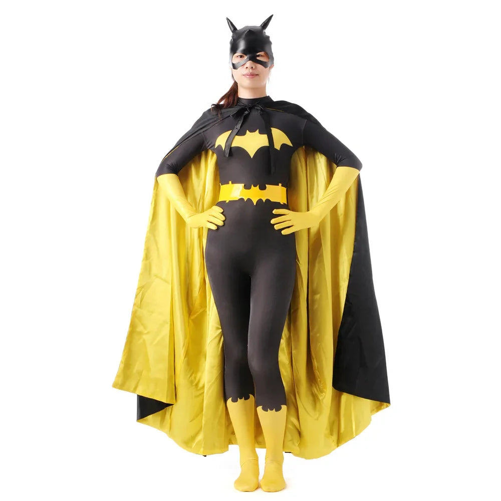 Batwoman cosplay costume for women with black and yellow design, caped and bat mask included