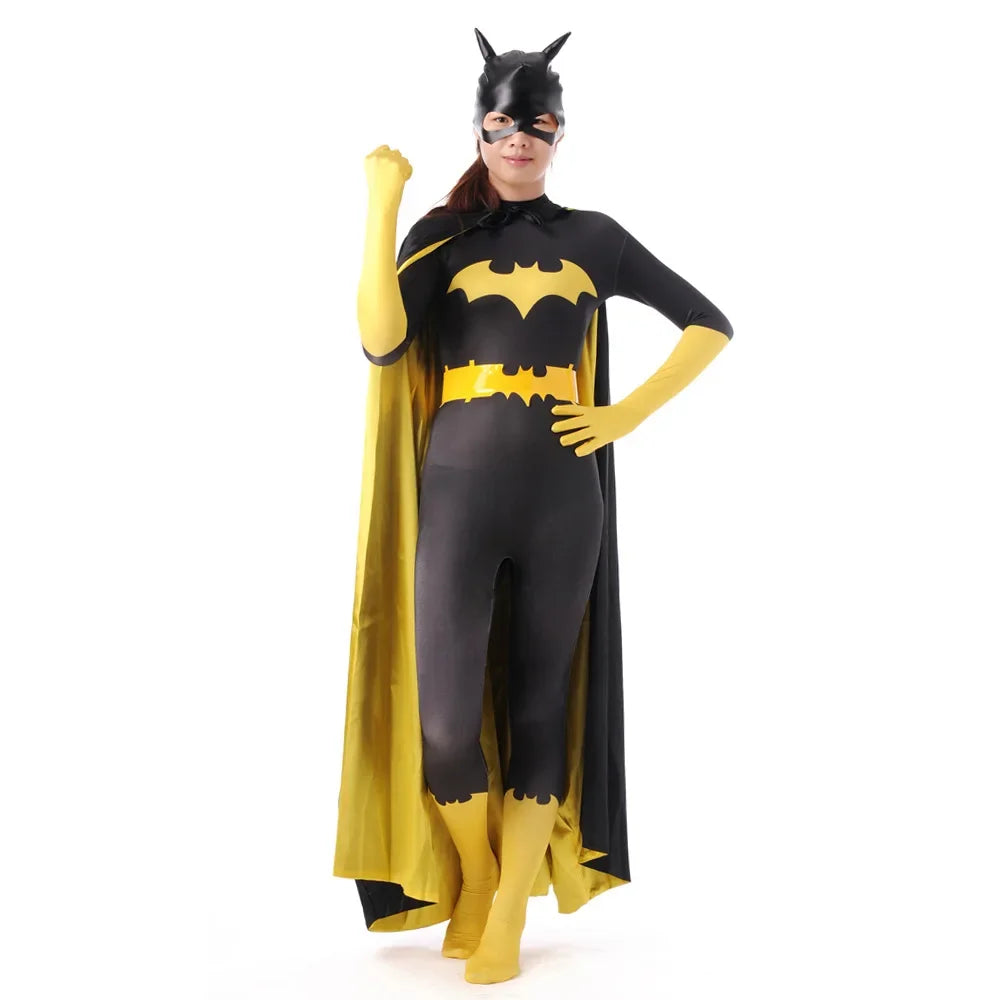 Batwoman cosplay costume for women featuring a black and yellow design with cape and mask