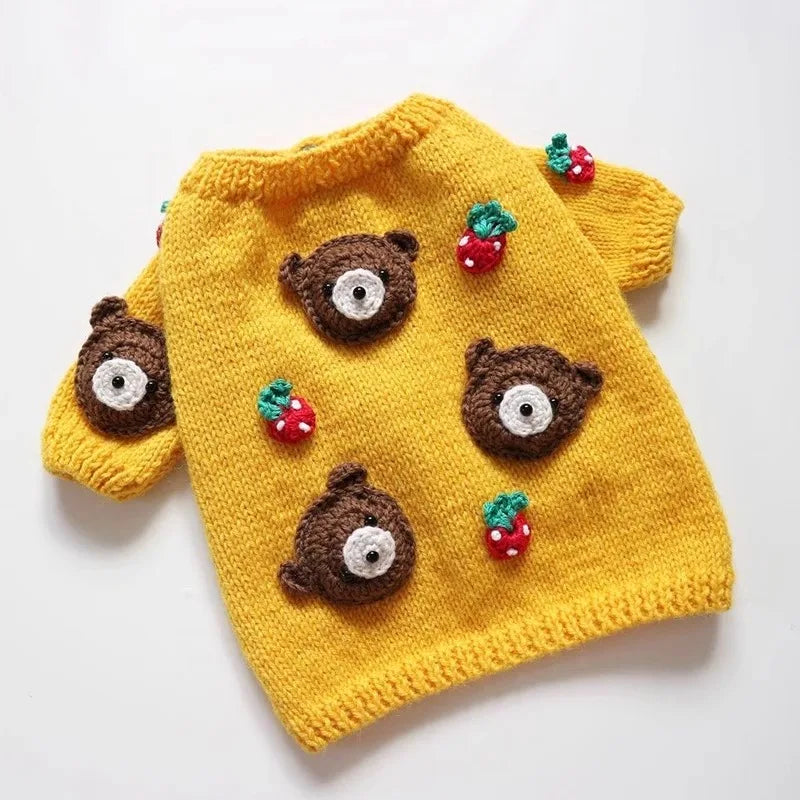 Yellow bear pattern pet sweater for dogs with knitted bear faces and strawberries
