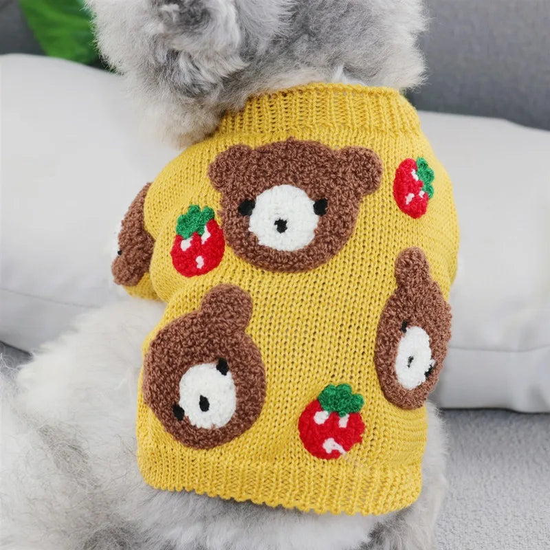 Cozy yellow bear pattern pet sweater for dogs with cute bear and strawberry designs