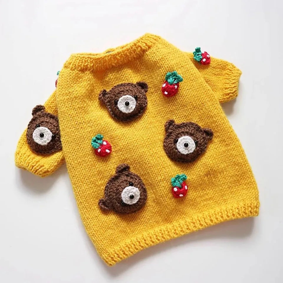 Cute yellow knit bear pattern pet sweater for dogs with bear and strawberry embellishments