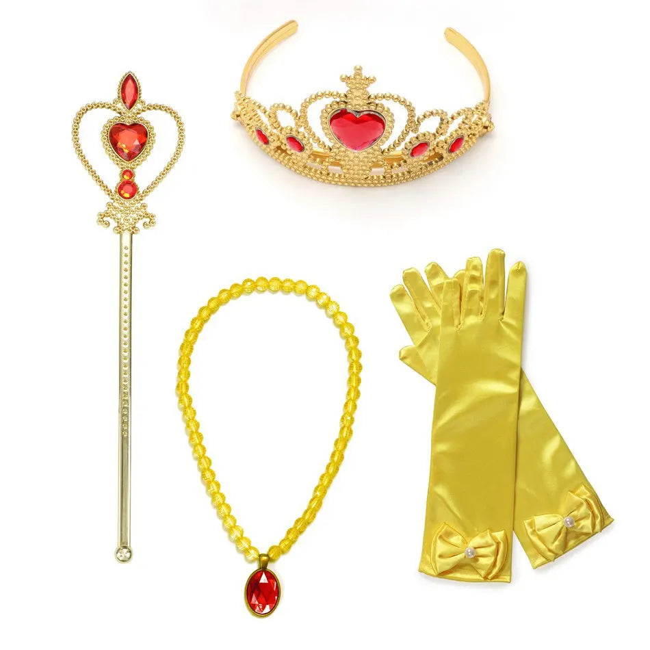 Beauty and the Beast girls costume accessory set including tiara, wand, gloves, necklace and ring