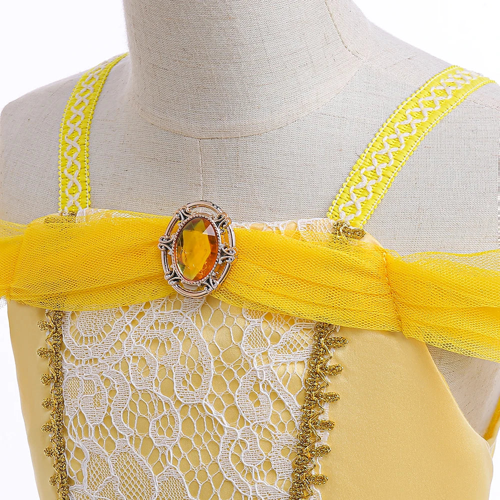 Beauty and the Beast girls costume featuring a yellow dress with elegant details and a sparkling brooch