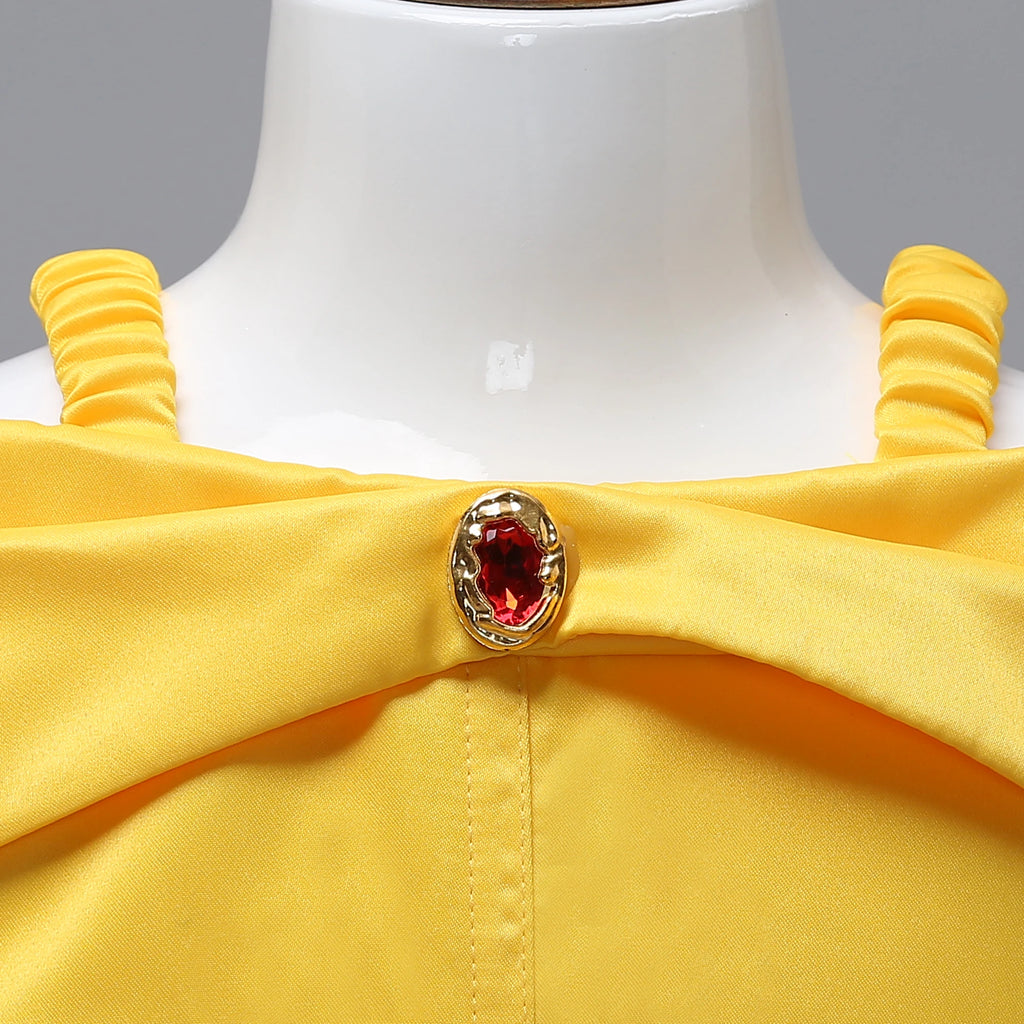 Beauty and the Beast girls costume with yellow fabric and red jewel detail on the neckline