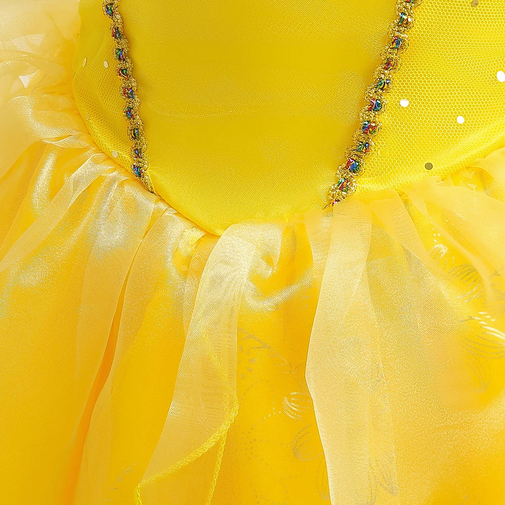 Beauty and the Beast girls costume featuring a bright yellow dress with sparkly details