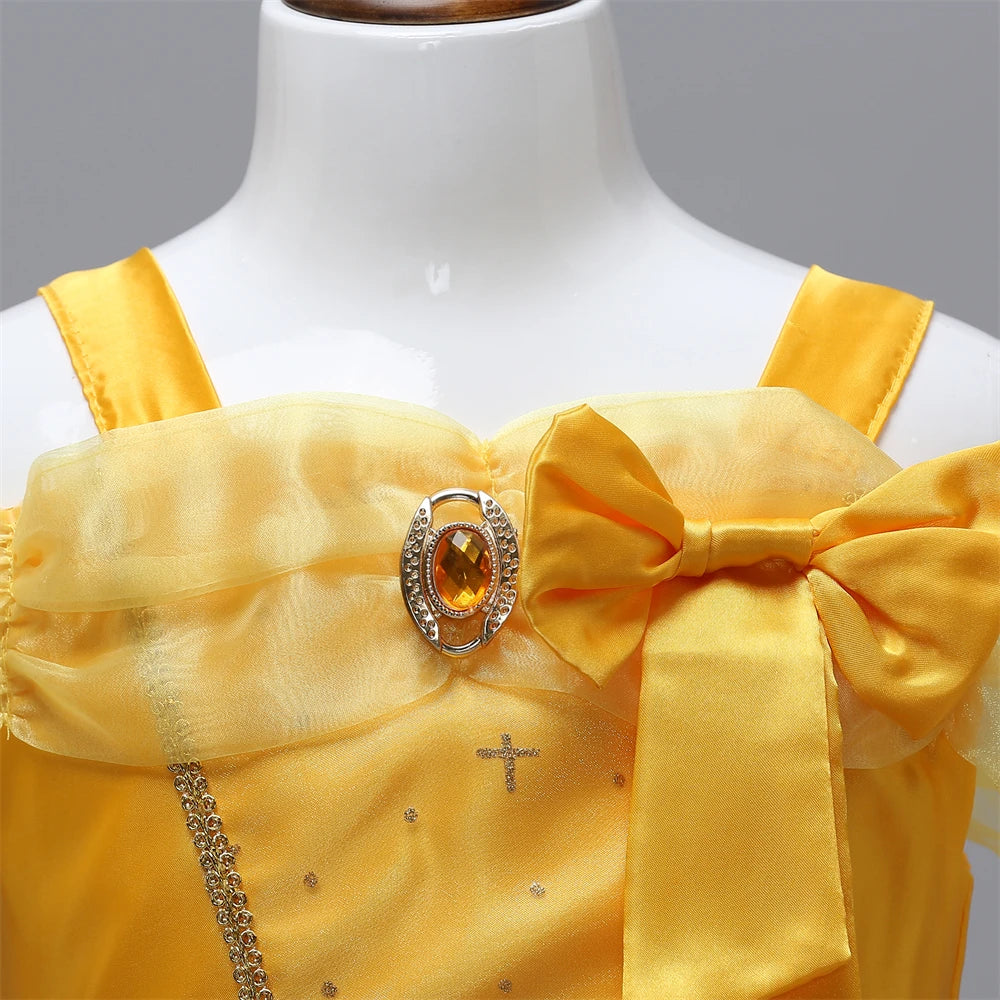 Beauty and the Beast girls costume featuring a yellow dress with a bow and decorative gemstone