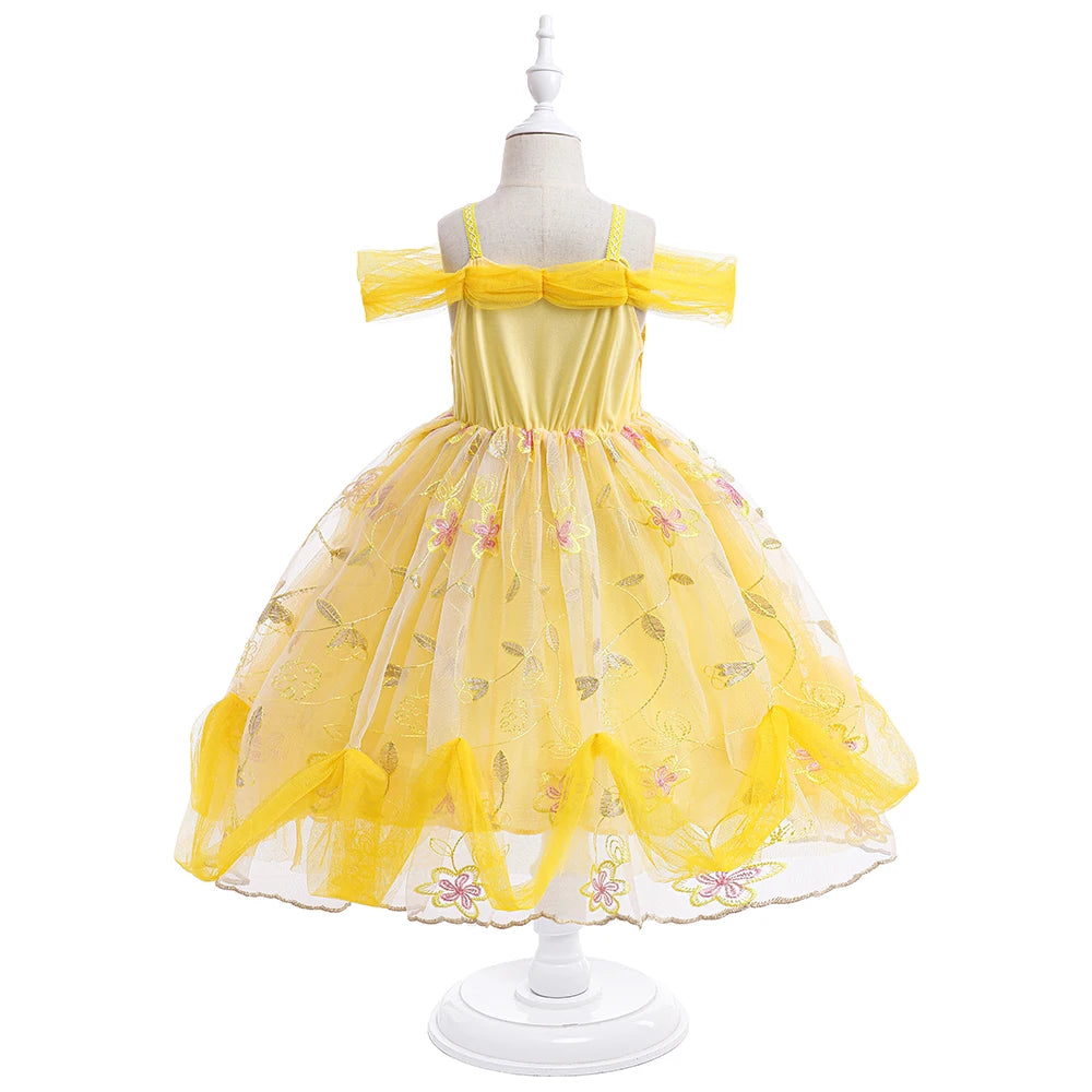 Beauty and the Beast girls costume featuring a yellow dress with floral details and sheer overlay
