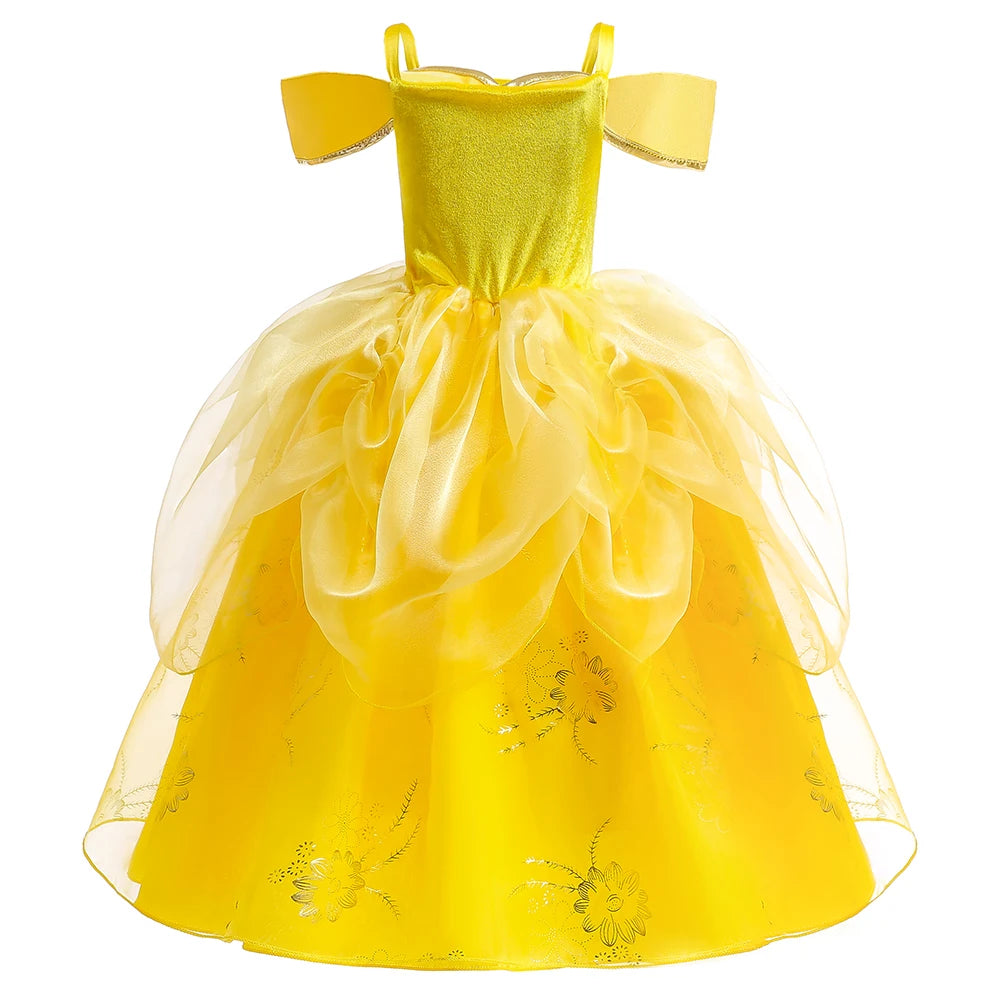 Beauty and the Beast girls costume featuring a vibrant yellow dress with sheer layers and floral accents