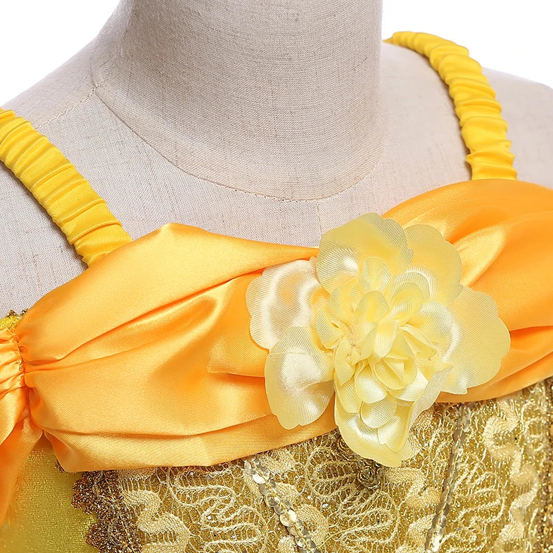 Beauty and the Beast girls costume featuring a yellow dress with floral accents and ruffled straps