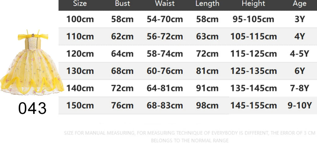 Beauty and the Beast girls costume dress size chart with measurements for different ages and sizes