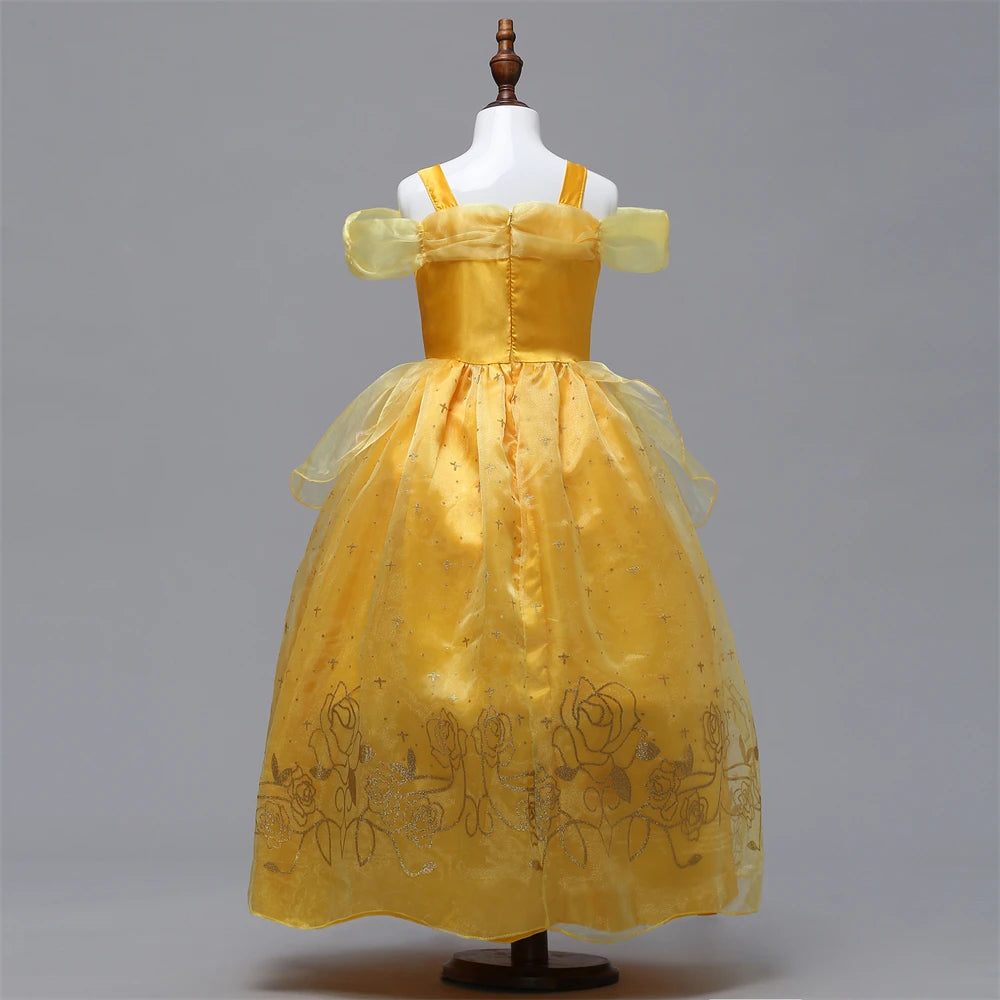 Beautiful Beauty and the Beast girls costume dress in yellow satin with floral details and puff sleeves