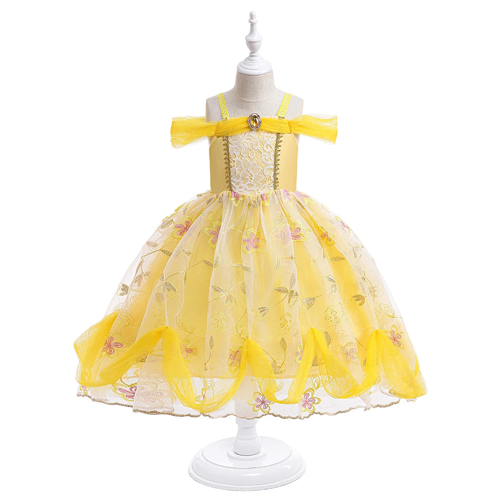 Beauty and the Beast girls costume featuring a yellow dress with floral details and a princess design