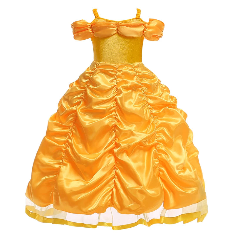 Beauty and the Beast girls costume with a yellow gown featuring puff sleeves and ruffled skirt