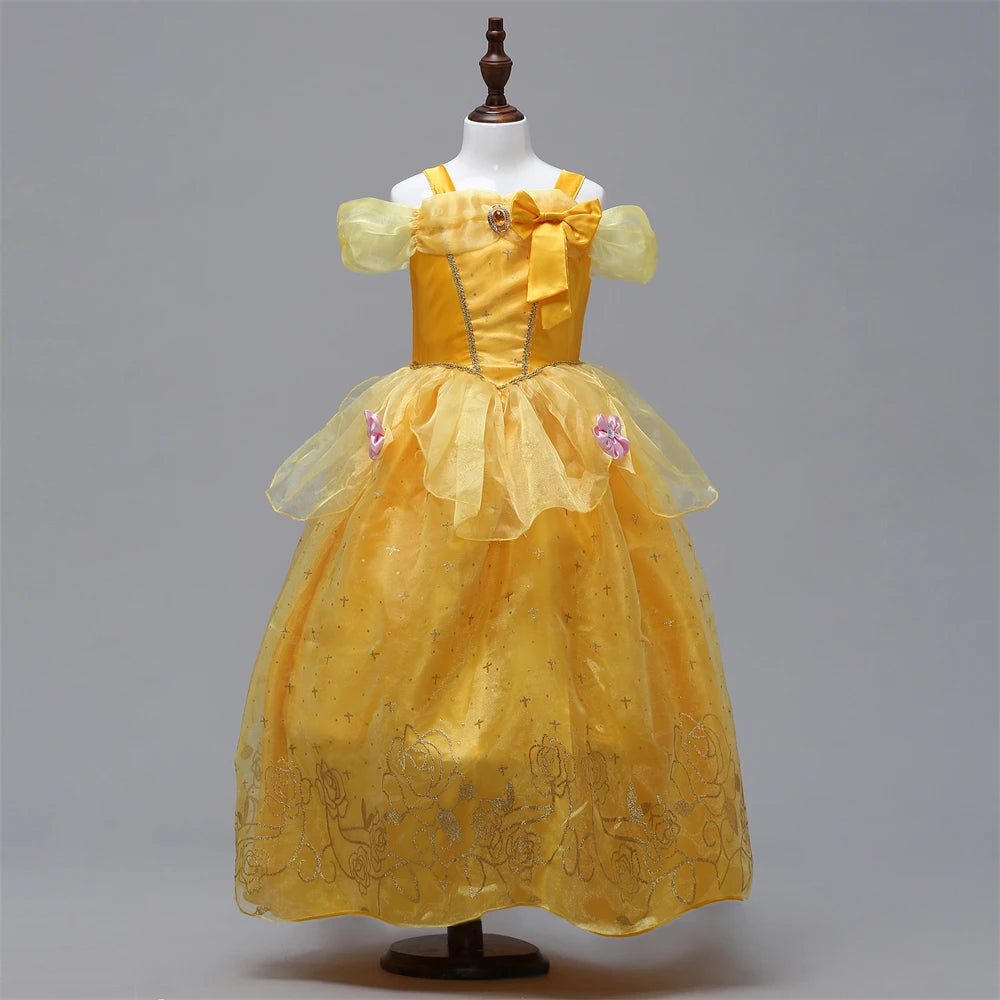 Beauty and the Beast girls costume featuring a yellow gown with puff sleeves and a flowy skirt