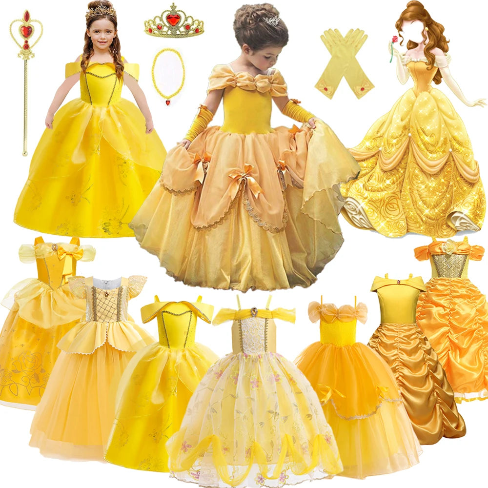 Beauty and the Beast girls costume collection featuring yellow dresses and accessories for kids