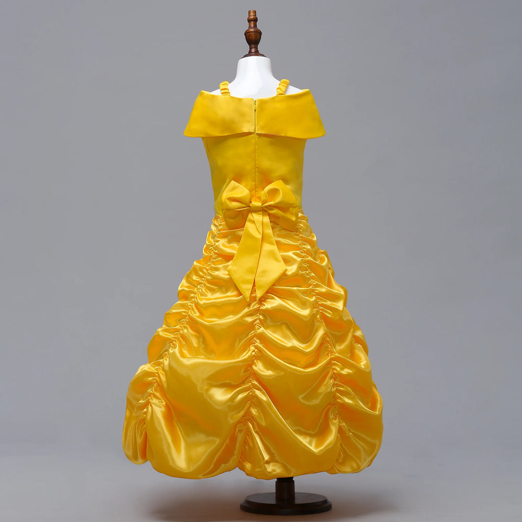 Yellow satin Beauty and the Beast girls costume with ruched design and bow detail
