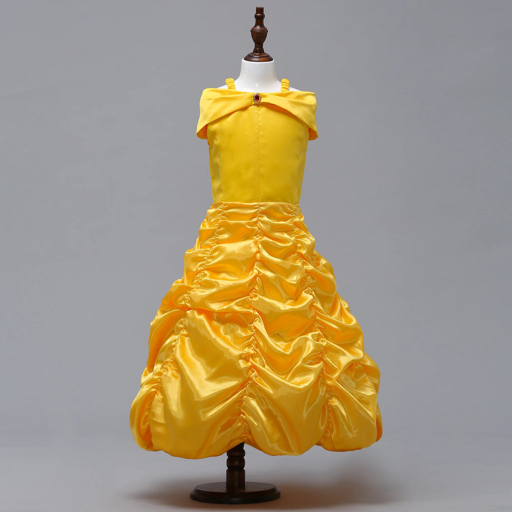 Beautiful Beauty and the Beast girls costume with a yellow satin dress featuring a classic design
