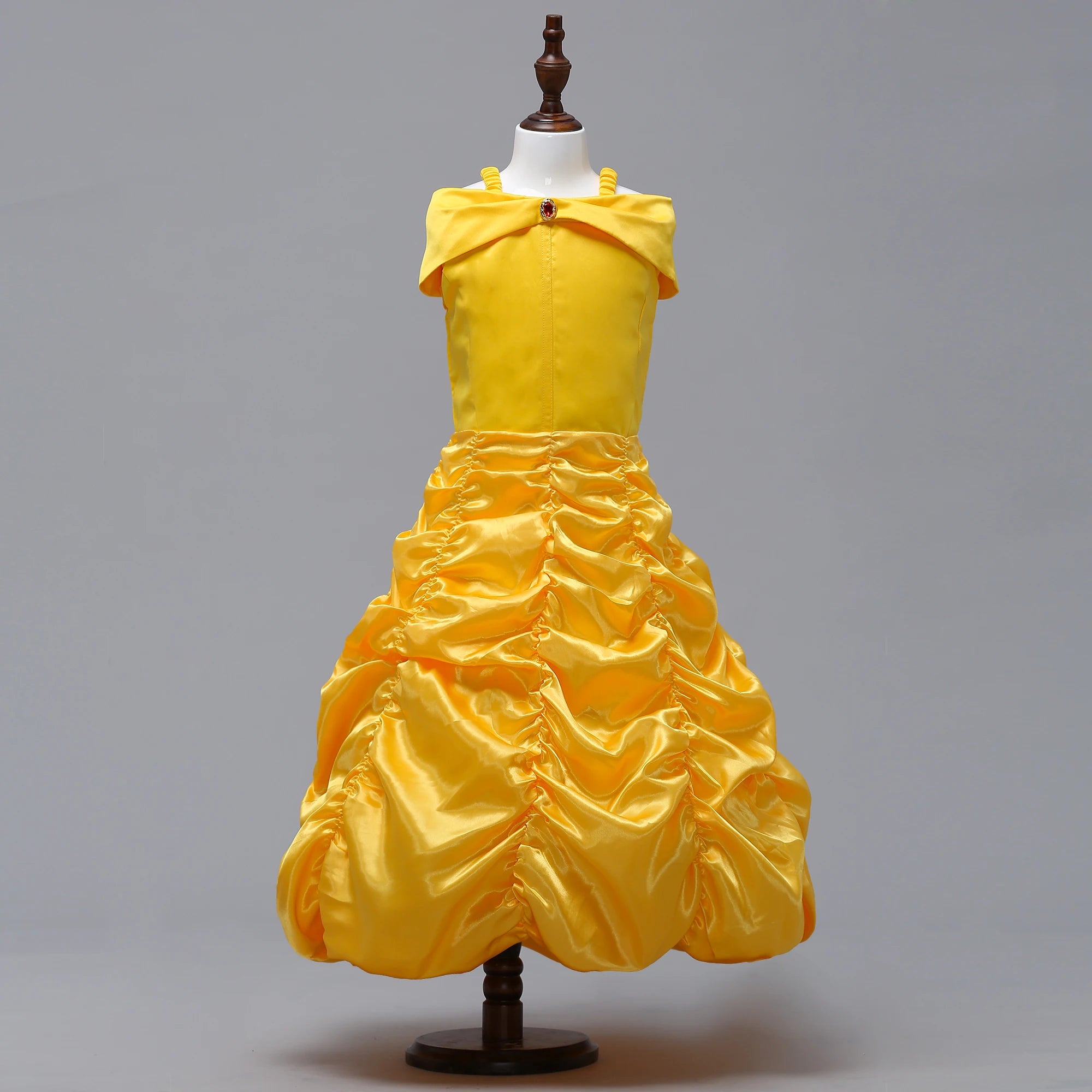Beautiful Beauty and the Beast girls costume with a yellow satin dress featuring a classic design