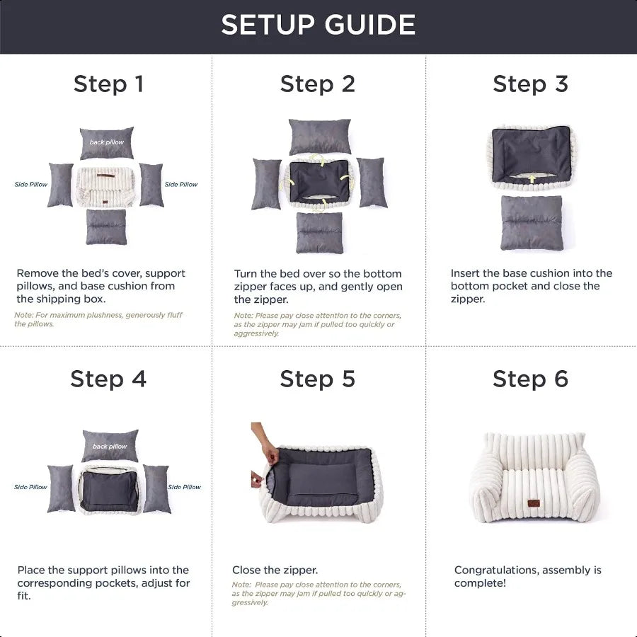 Setup guide for a soft pet couch for cats and dogs with clear steps and illustrations