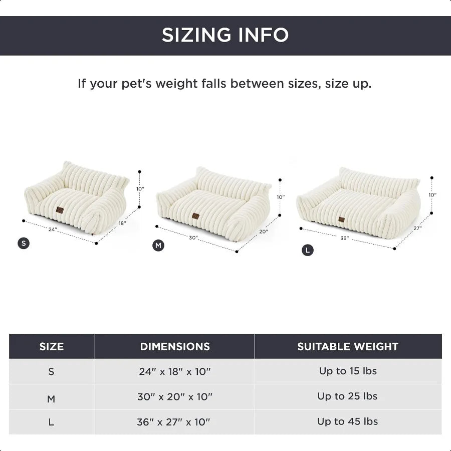 Sizing info for soft pet couch for cats and dogs showing dimensions and weight limits for small, medium, and large sizes