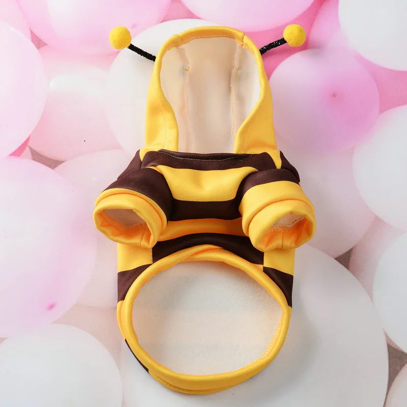 Bee costume for small dogs in yellow and brown stripes with adorable antennae