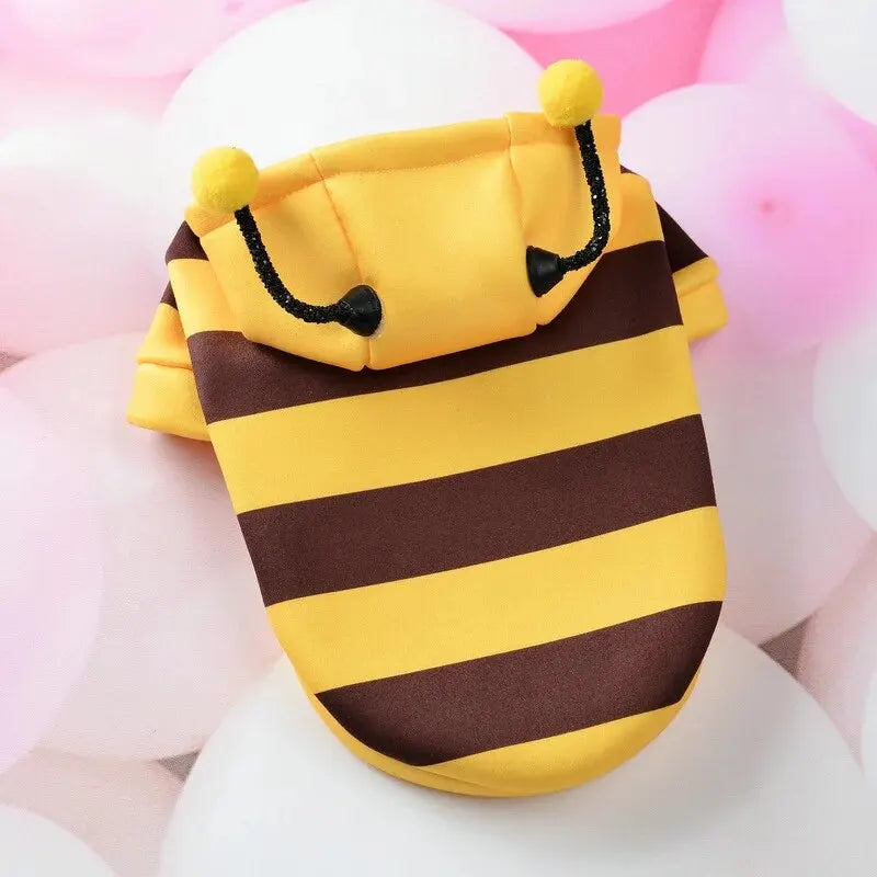 Cute bee costume for small dogs with yellow and brown stripes and a hooded design