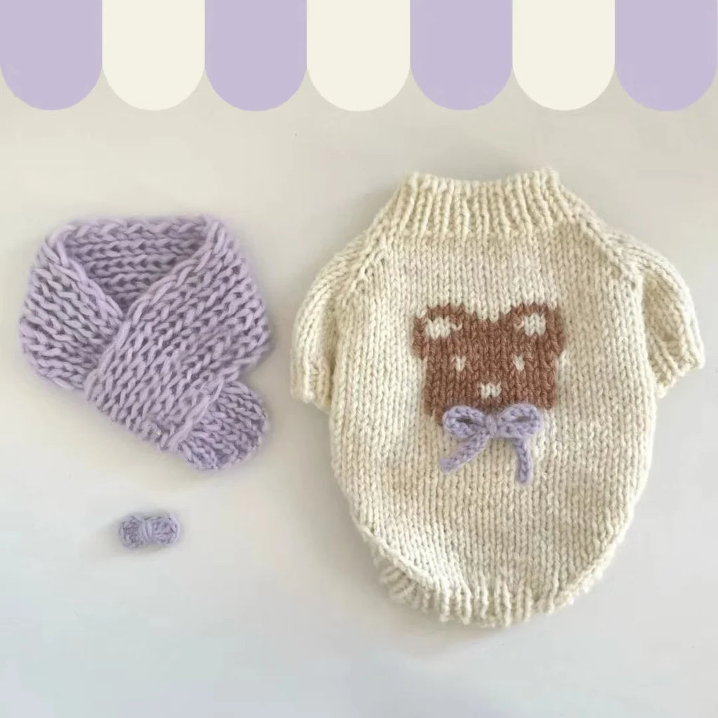 Beige knit dog sweater with bear design and matching scarf from Zoomies & Co