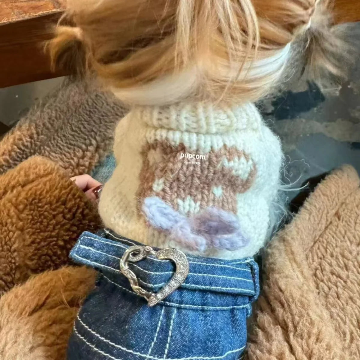 Cute beige knit dog sweater with bear design, perfect for small breed dogs in chilly weather