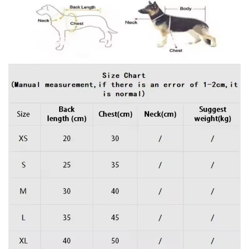 Size chart for beige knit dog sweater with bear design, including measurements for neck, chest, and back length