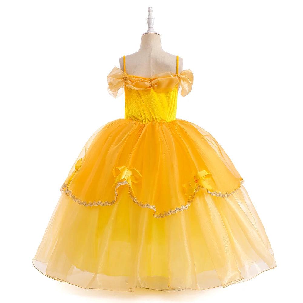 Beauty and the Beast girls costume featuring a yellow dress with elegant layers and puff sleeves