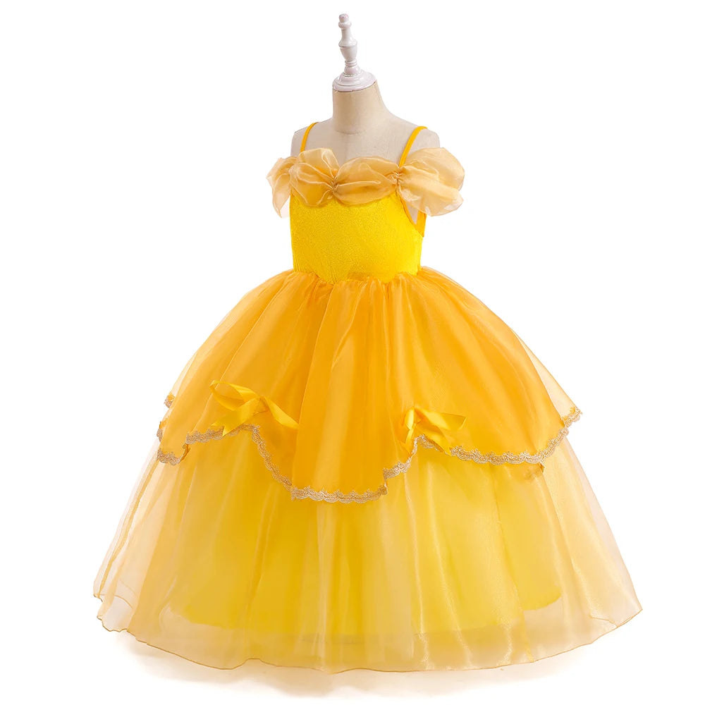 Zoomies & Co Beauty and the Beast girls costume featuring a yellow dress with ruffles and layered tulle skirt