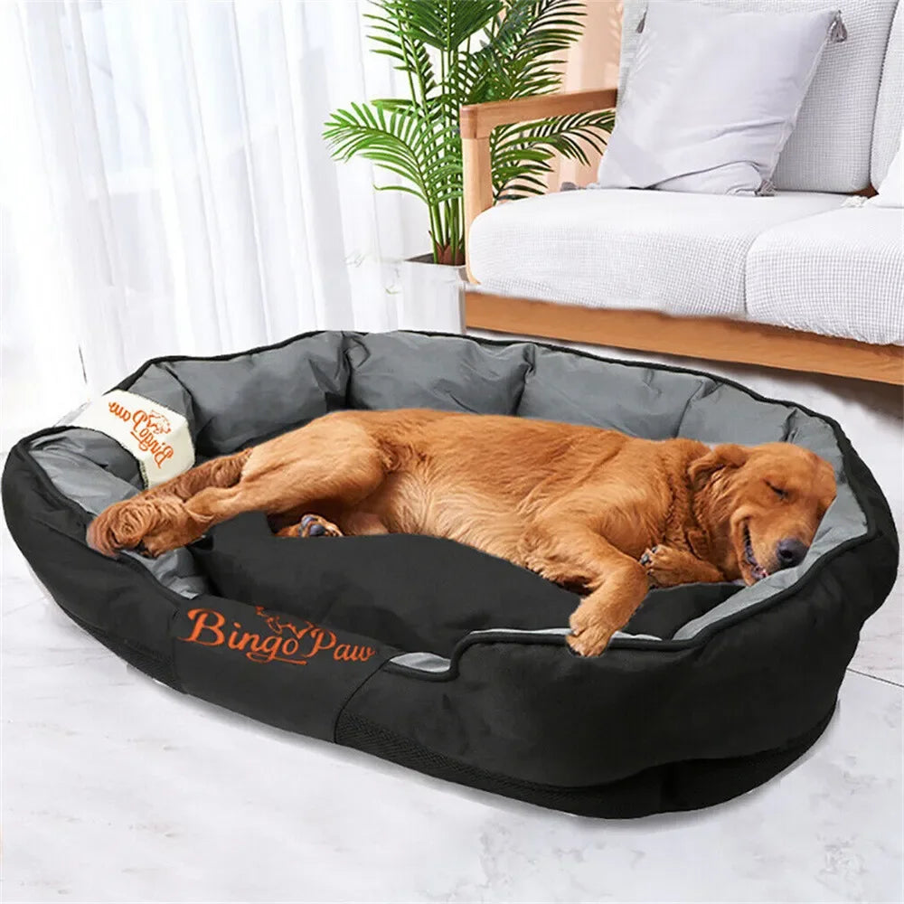 Cozy calming pet sofa bed for dogs in black with a golden retriever relaxing comfortably