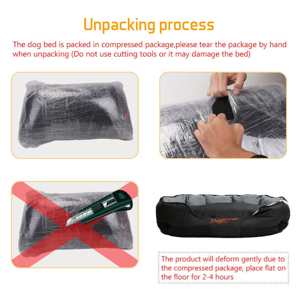 Unpacking process for calming pet sofa bed for dogs showing how to remove packaging safely