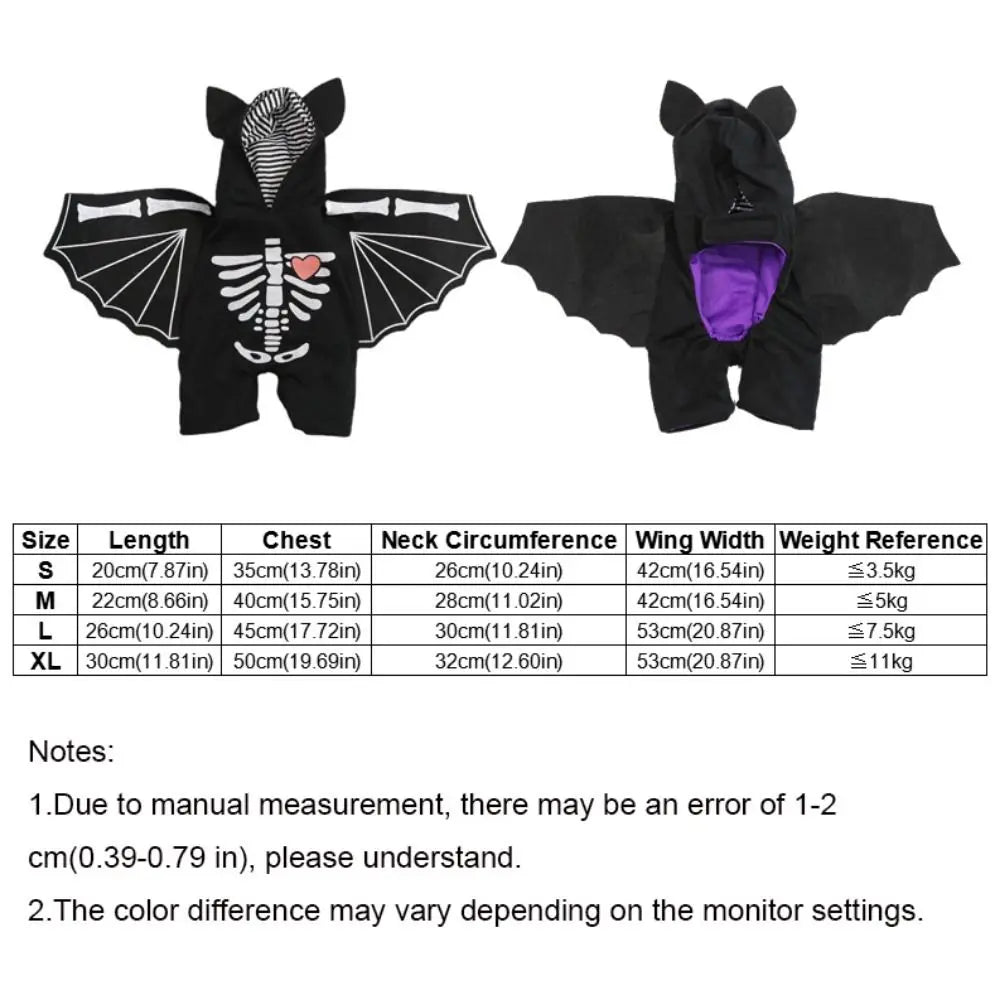 Black bat costume for small dogs with wings and skull design for Halloween festivities