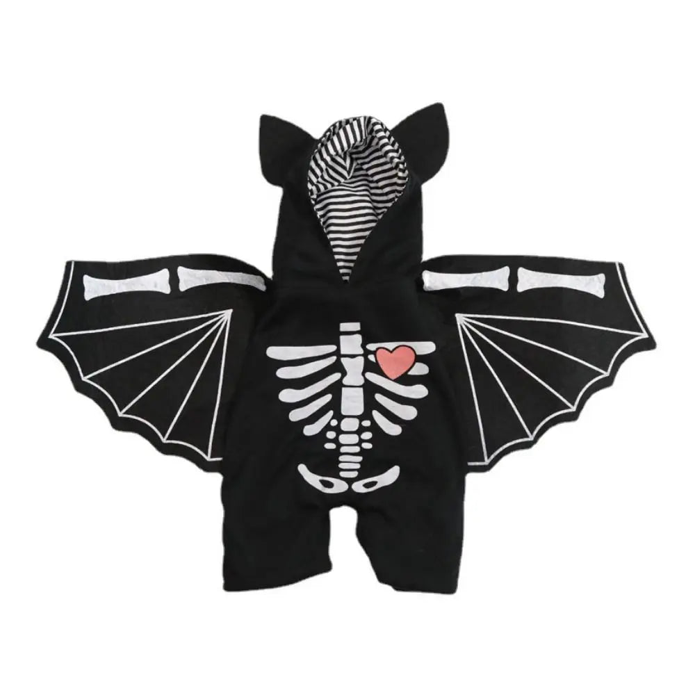 Black bat costume for small dogs featuring skeleton design and hooded ears