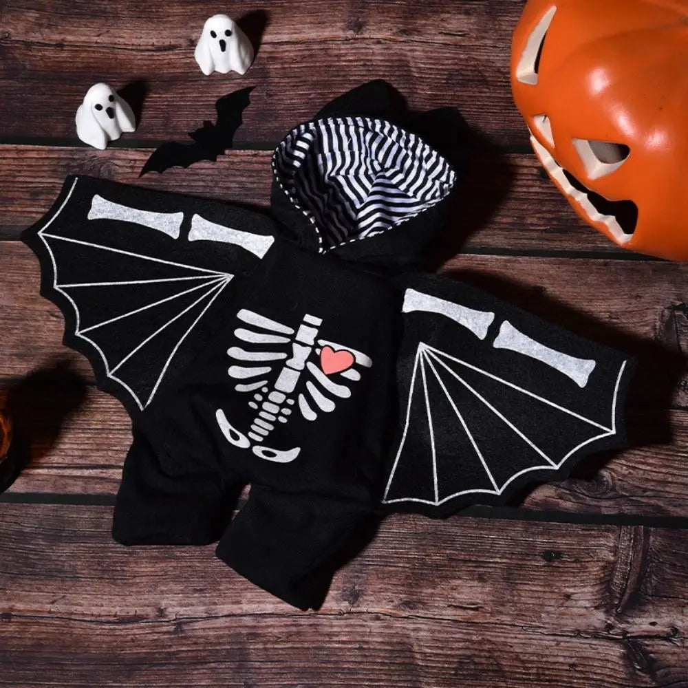 Black bat costume for small dogs with skeleton design and wing details for Halloween fun