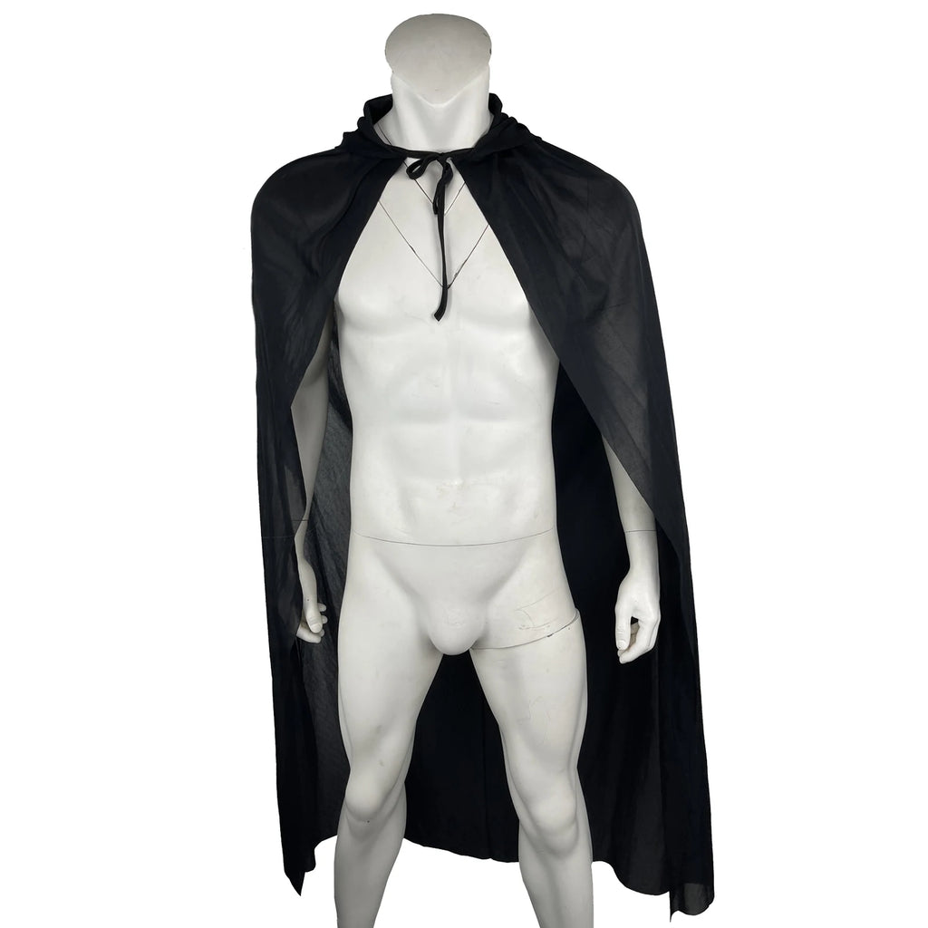 Black cape robe Halloween costume with hood and tie closure for a spooky look
